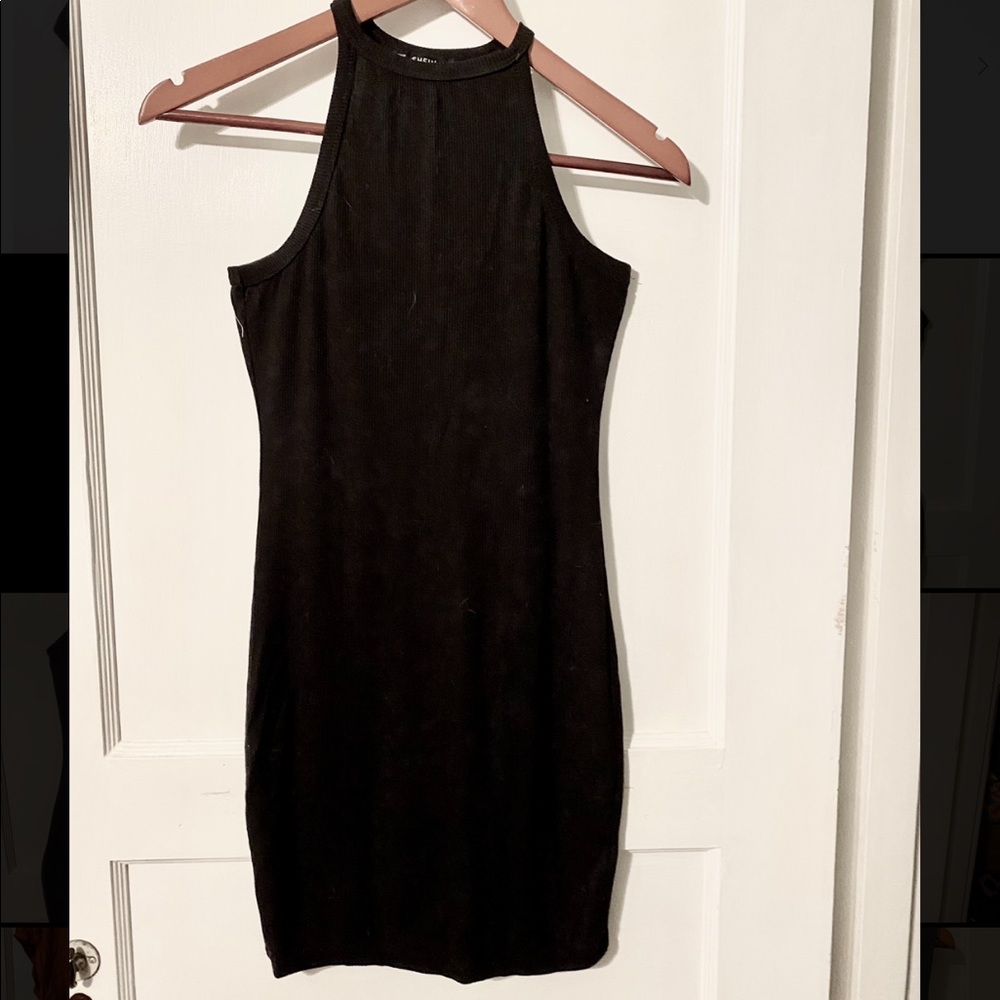 Black high neck ribbed mini dress.